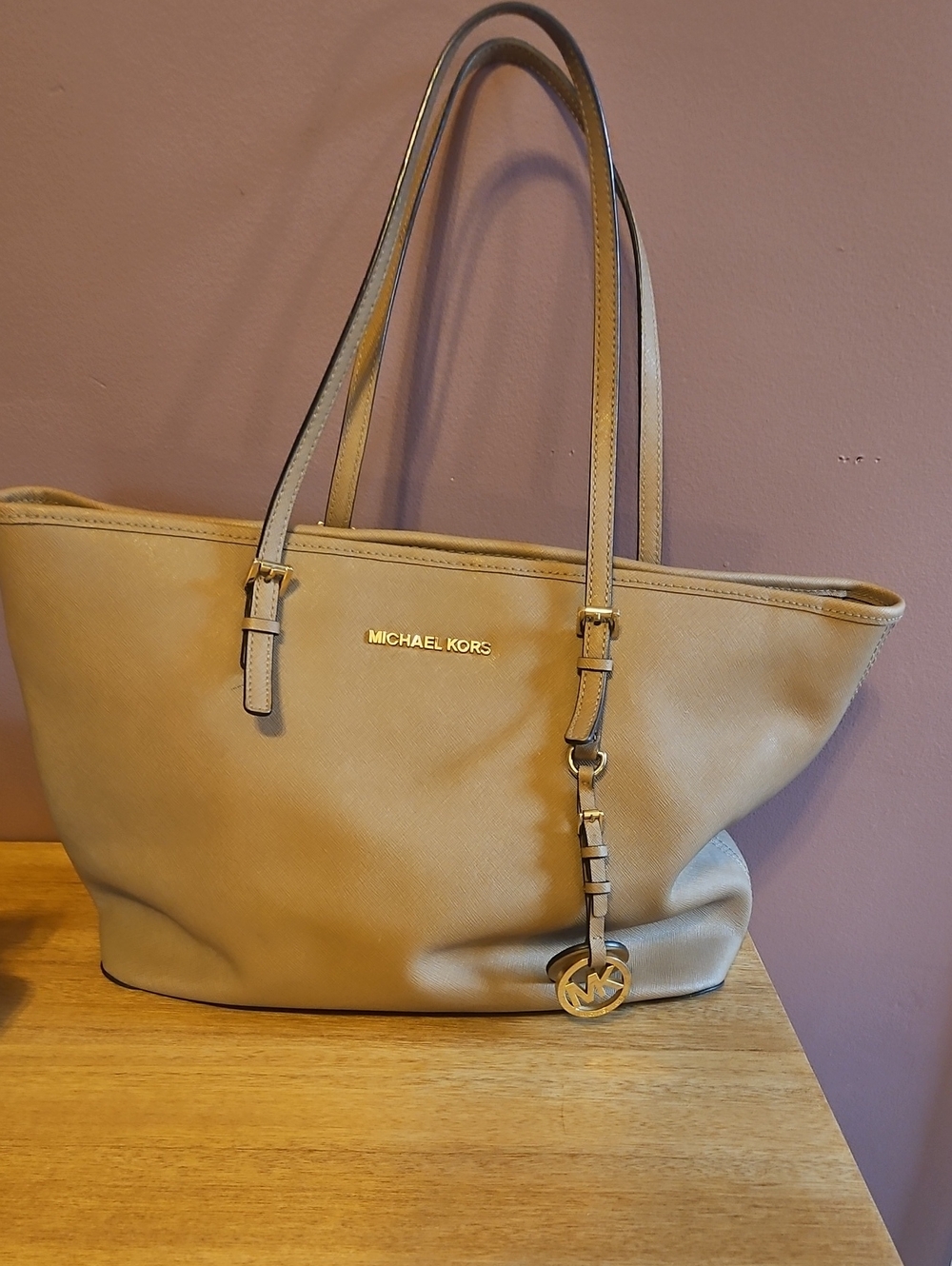 Michael Kors Beige Leather Saffiano Tote with Gold Hardware